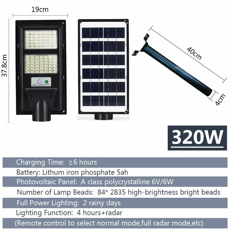 Solar Street LED Light with Radar Sensor, Black, 320W, Outdoor Flood Wall Lamp