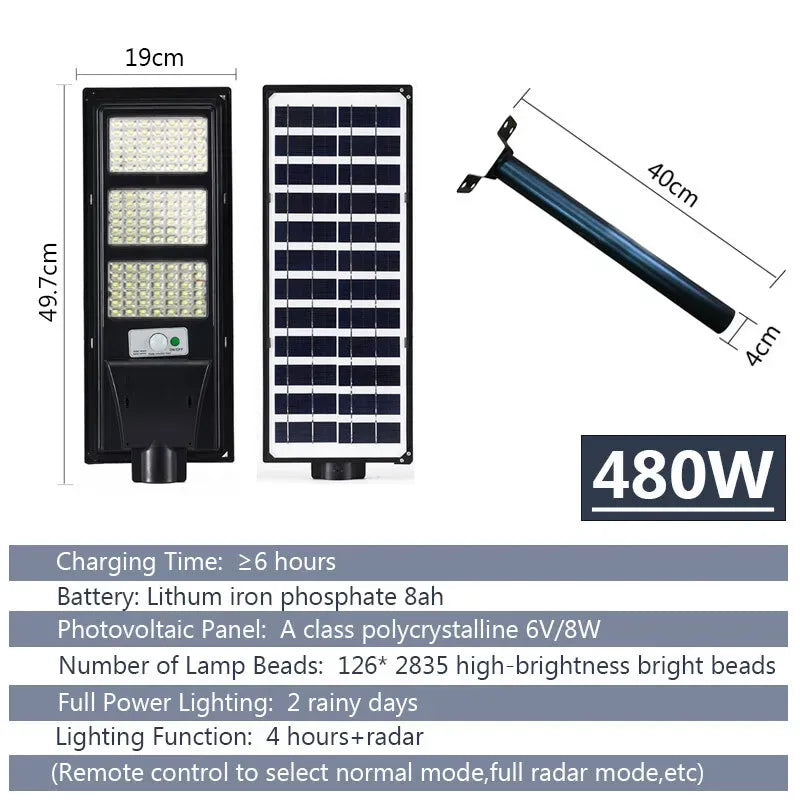 Solar Street LED Light with Radar Sensor, Black, 480W, Remote Control, Outdoor Flood Wall Lamp