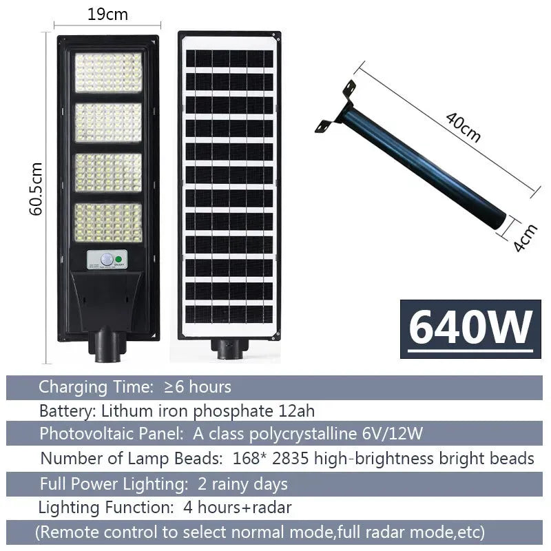 Solar LED Street Light with Radar Sensor, Black, 640W, Outdoor Flood Lamp