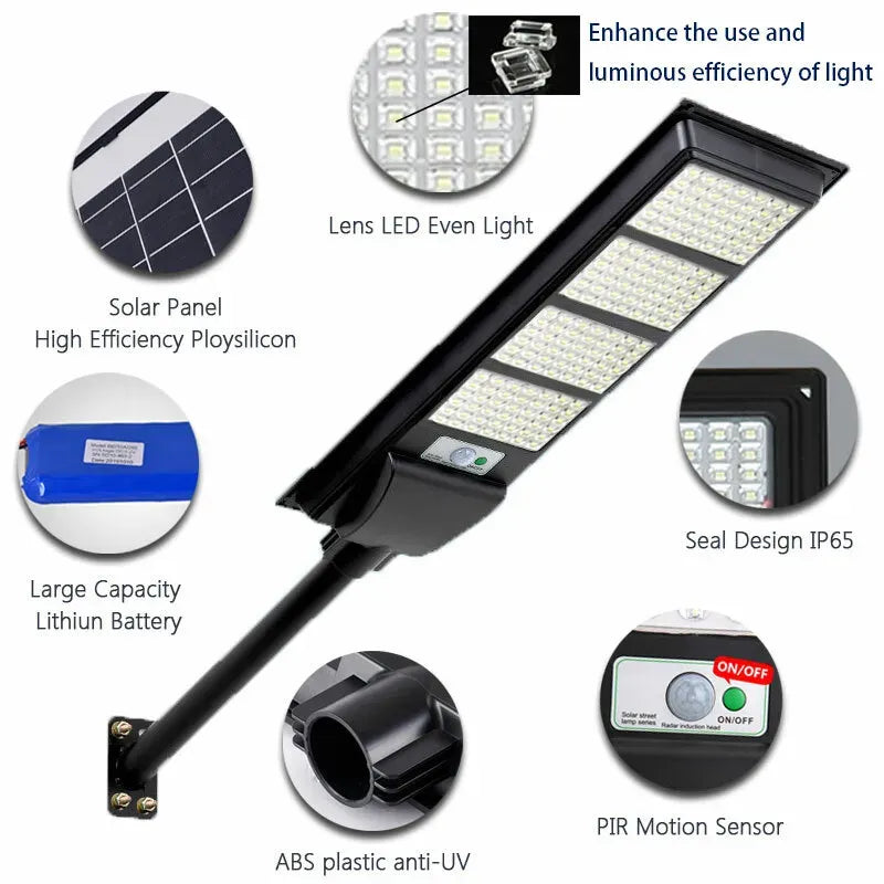 Solar LED Street Light with Radar Sensor, Black, 640W, Outdoor Flood Lamp