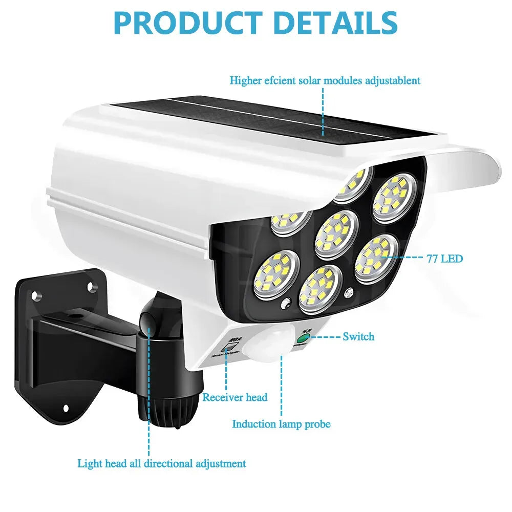 White 77 LED Solar Motion Sensor Light with Remote, Black Outdoor Security Flood Lamp