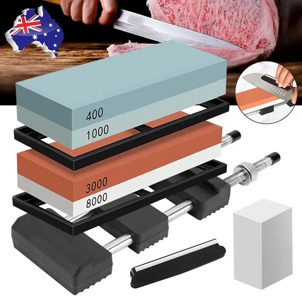 Red Dual Whetstone Knife Sharpener Set 400/8000 Grit with Silicone Base and Angle Guide