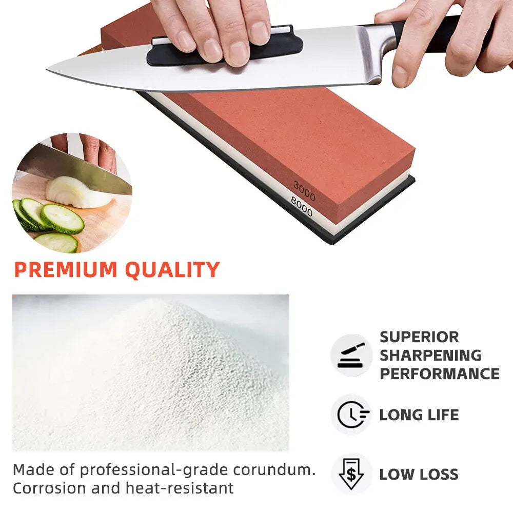 Red Dual Whetstone Knife Sharpener Set 400/8000 Grit with Silicone Base and Angle Guide