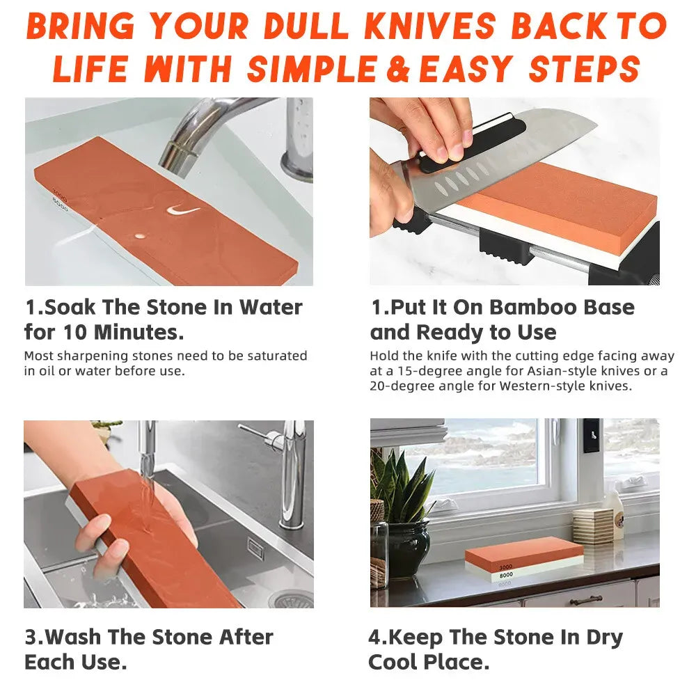 Red Dual Whetstone Knife Sharpener Set 400/8000 Grit with Silicone Base and Angle Guide