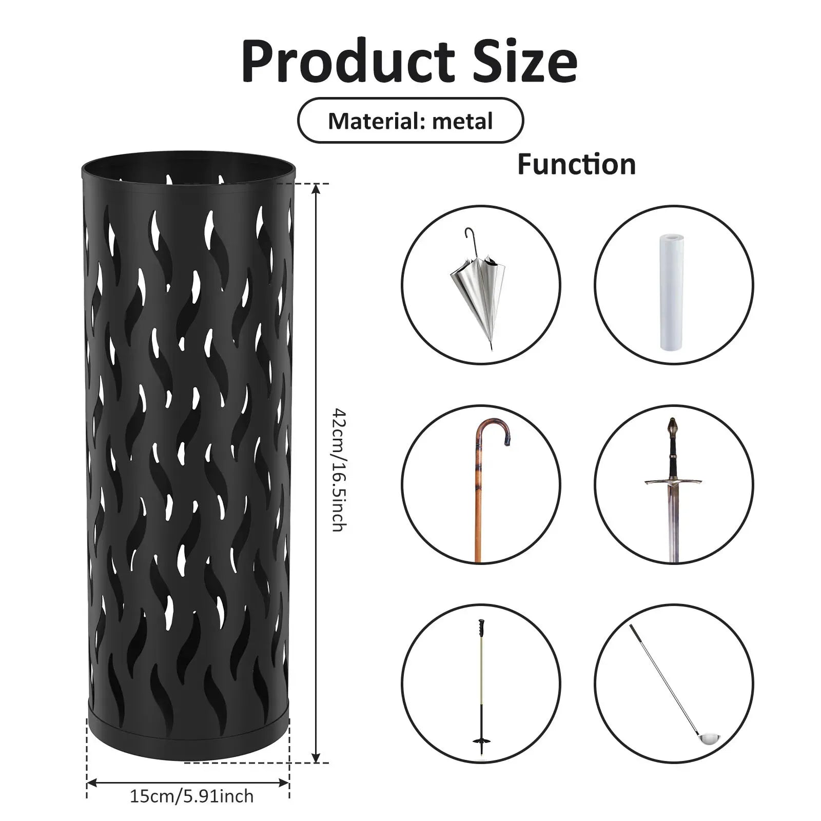 Metal Umbrella Stand in Black - Hollowed Design, 15x15x42cm, Holds 4-6 Long Umbrellas