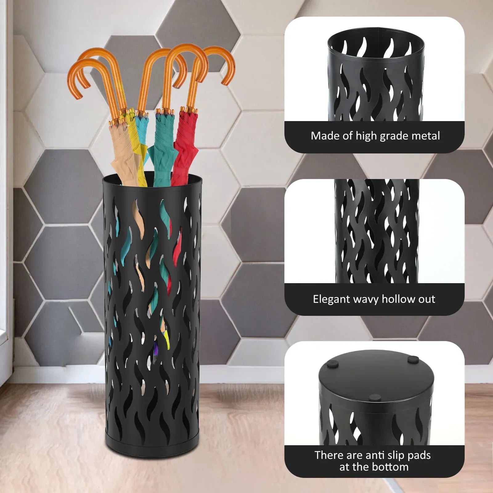 Metal Umbrella Stand in Black - Hollowed Design, 15x15x42cm, Holds 4-6 Long Umbrellas