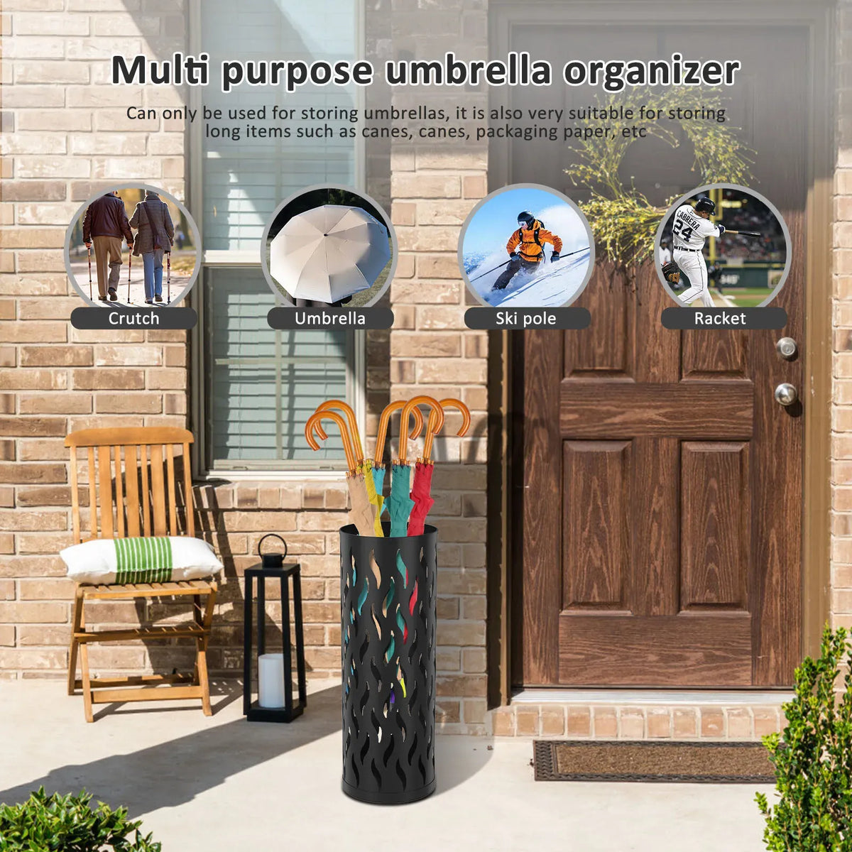 Metal Umbrella Stand in Black - Hollowed Design, 15x15x42cm, Holds 4-6 Long Umbrellas