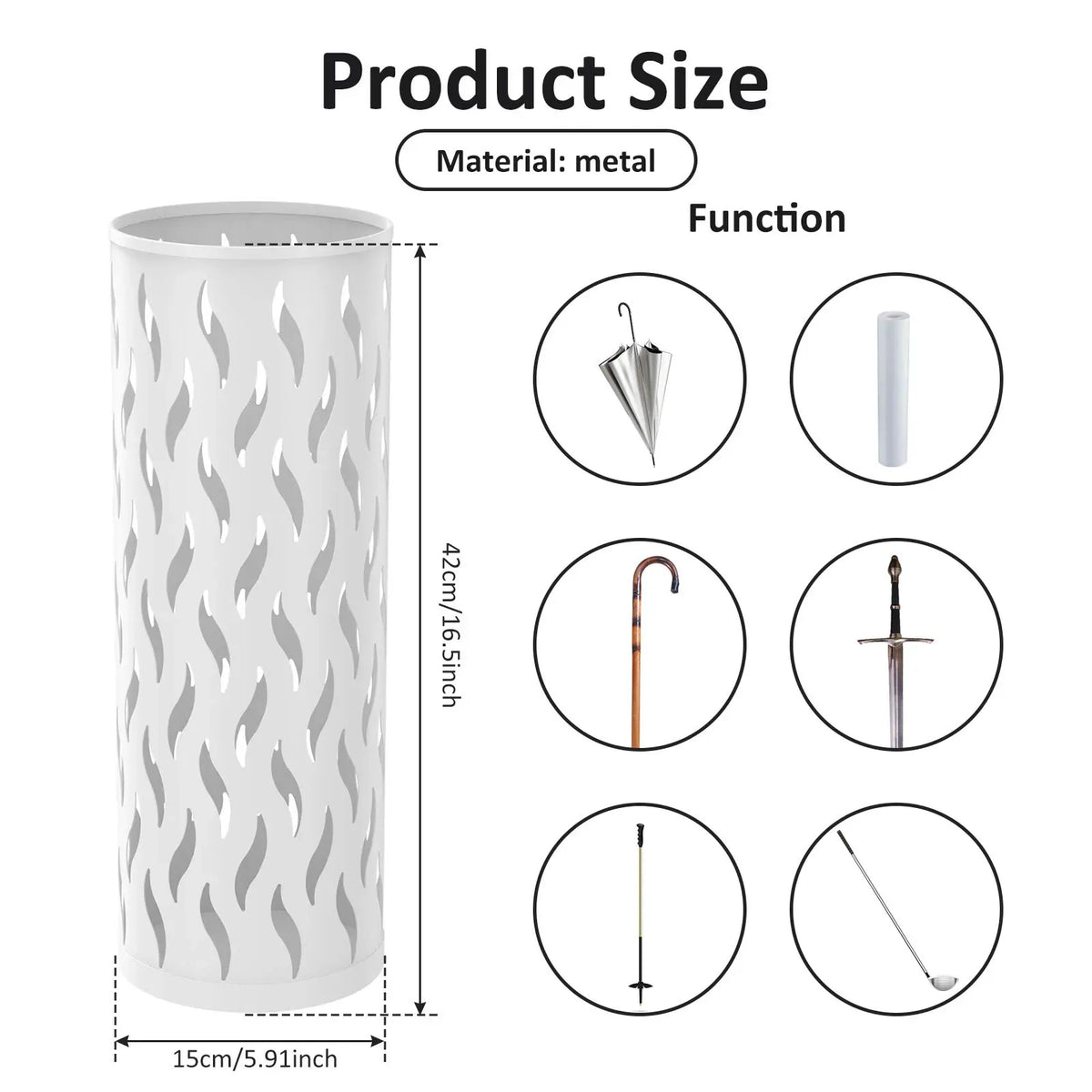 Metal Umbrella Stand in White, 15x15x42cm, Holds 4-6 Long Umbrellas