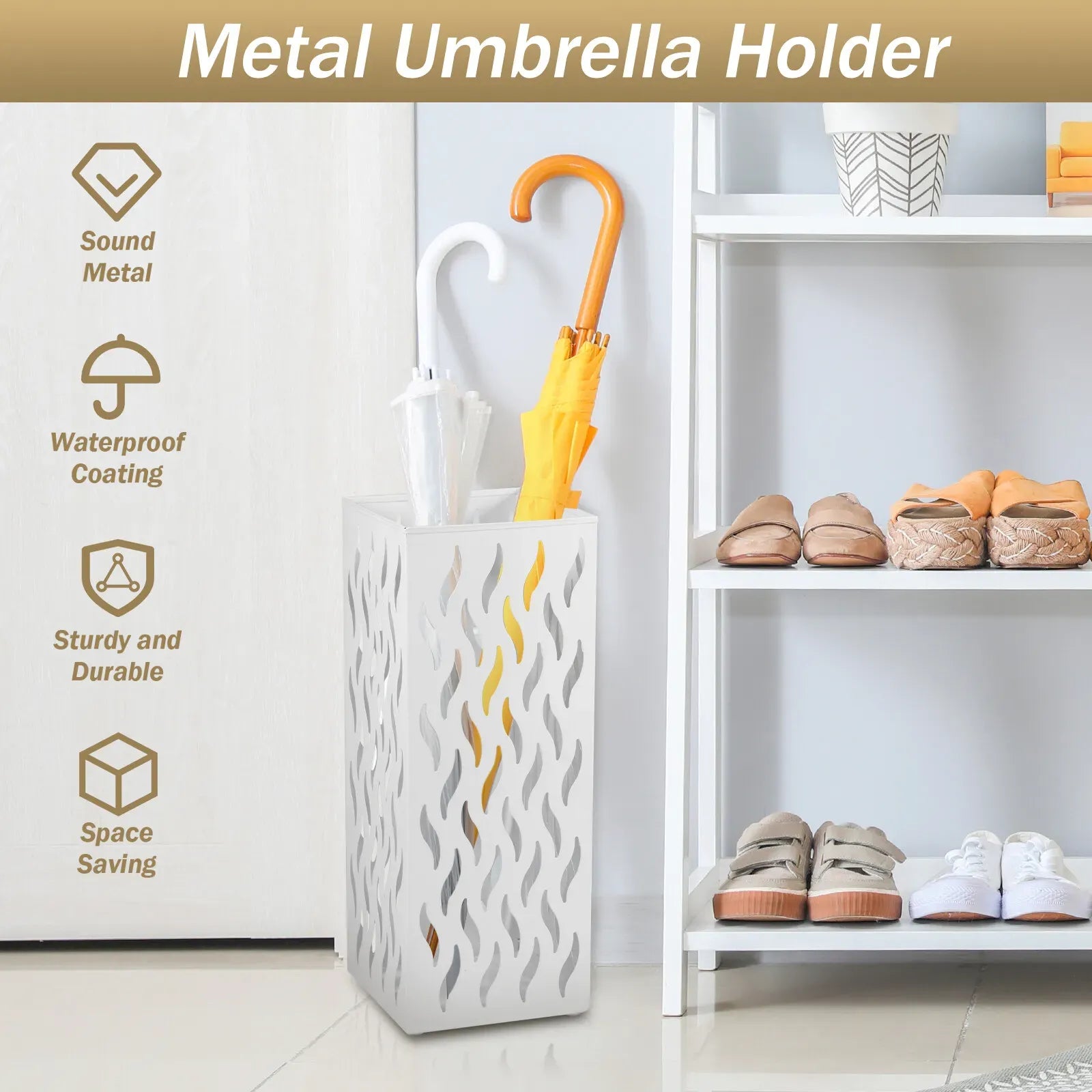 Rectangular Black Metal Umbrella Stand Holder - Space-Saving Design, 16.5x16.5x42cm