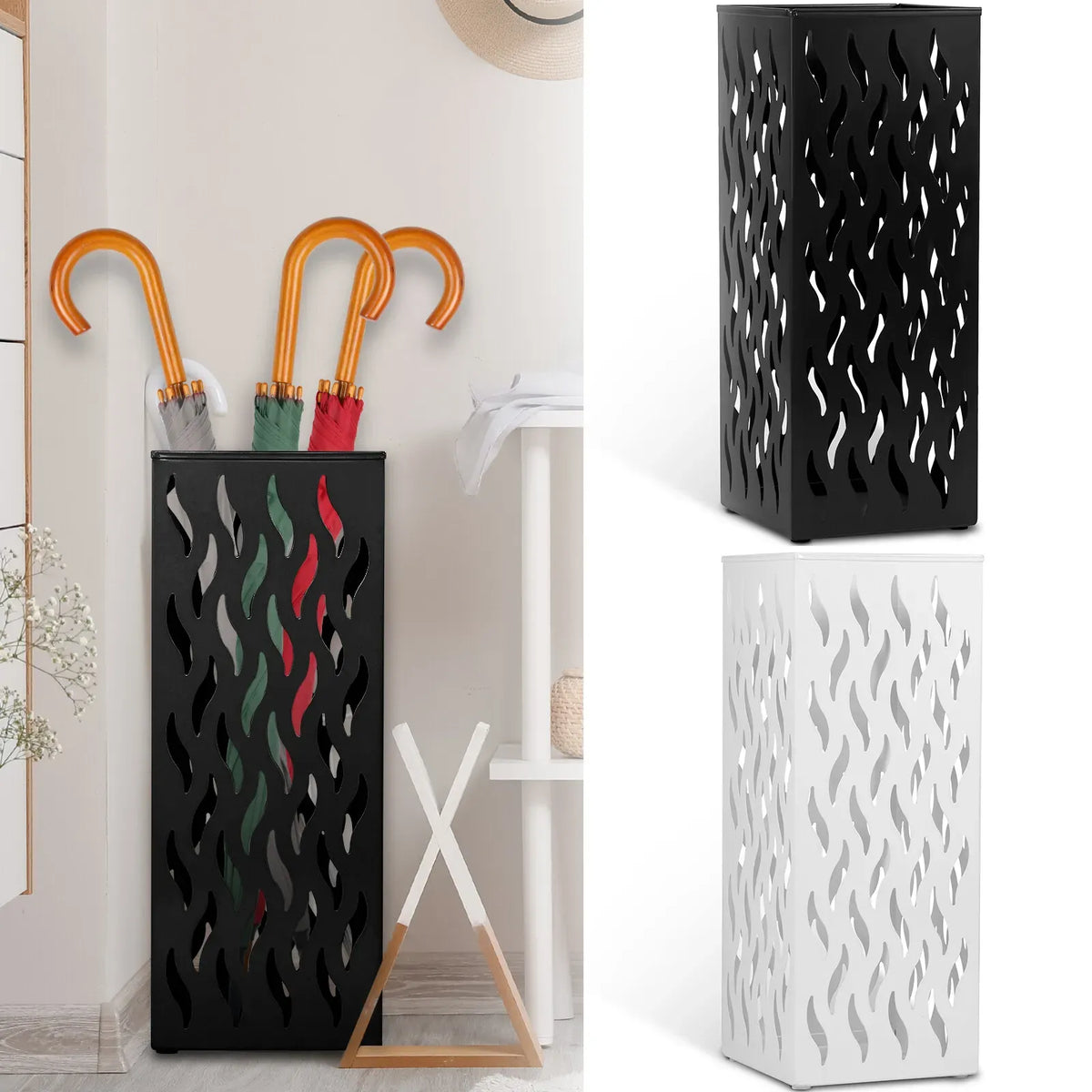Rectangular Black Metal Umbrella Stand Holder - Space-Saving Design, 16.5x16.5x42cm