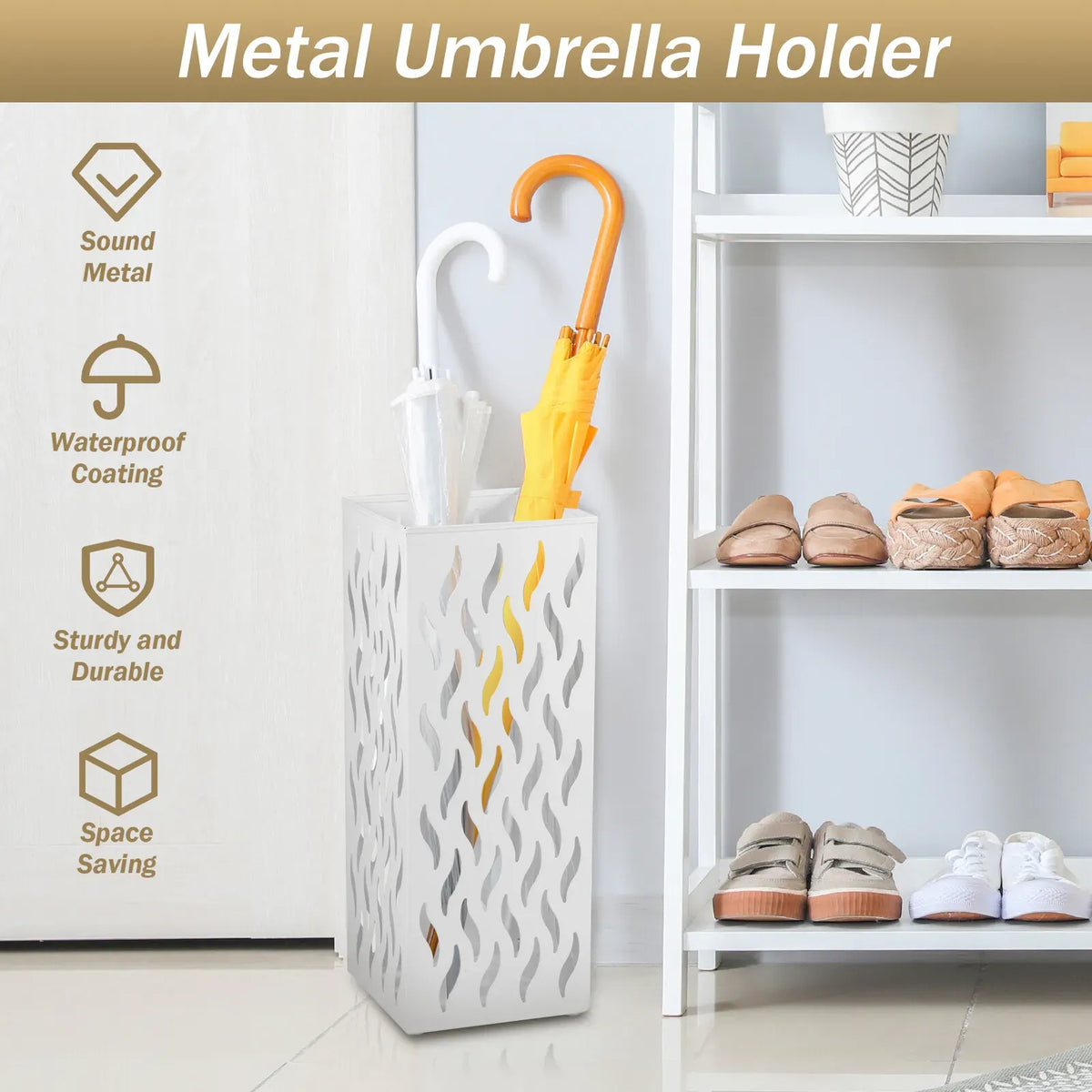 Metal Umbrella Stand Rack in White - Rectangular Design, Holds 4-8 Umbrellas, 16.5x16.5x42cm