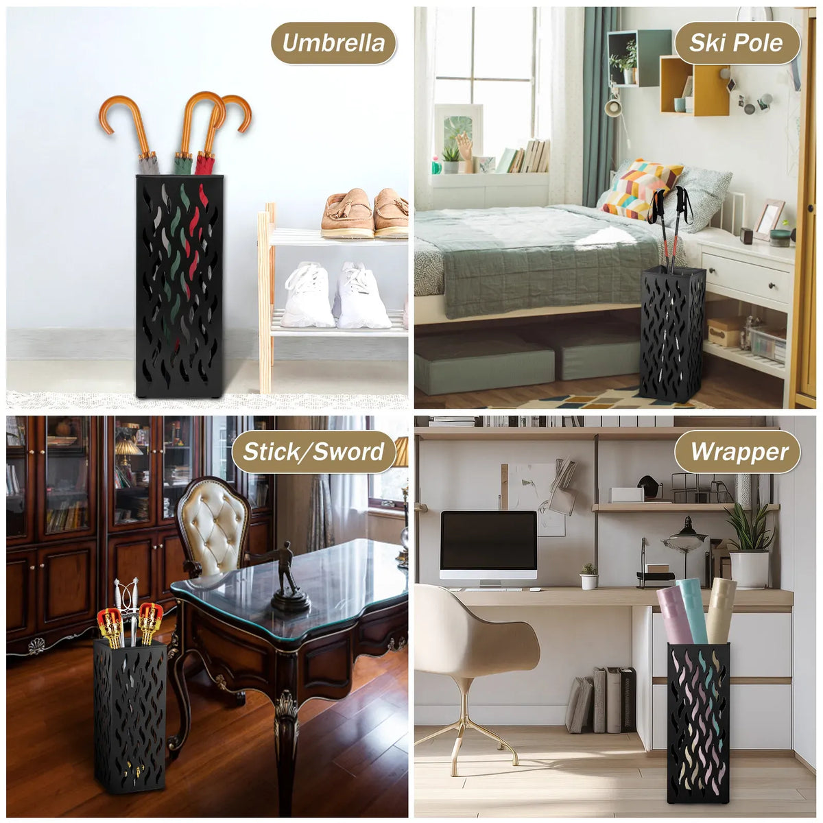 Metal Umbrella Stand Rack in White - Rectangular Design, Holds 4-8 Umbrellas, 16.5x16.5x42cm