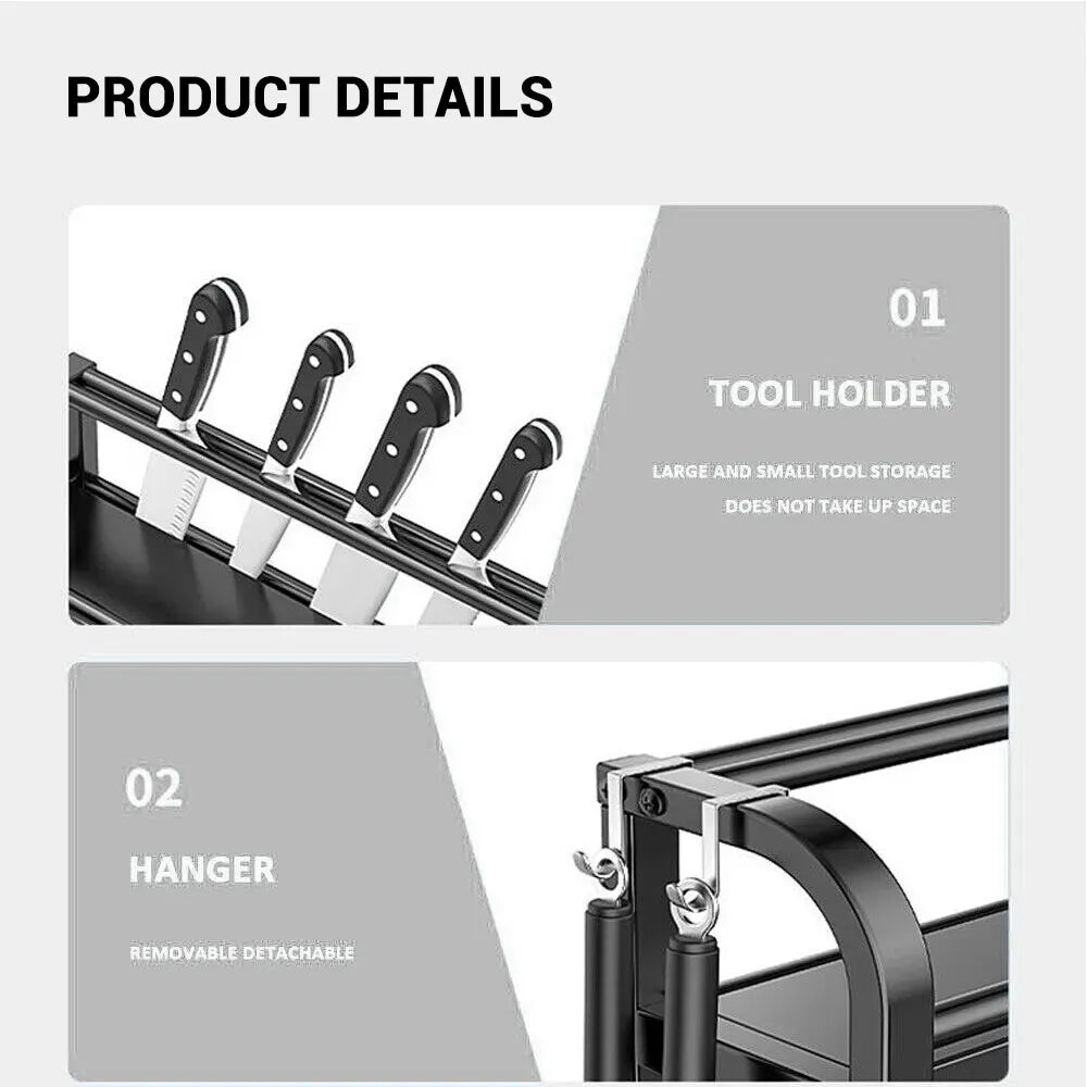 3-Tier Black Stainless Steel Kitchen Spice Rack Organiser with Adjustable Storage