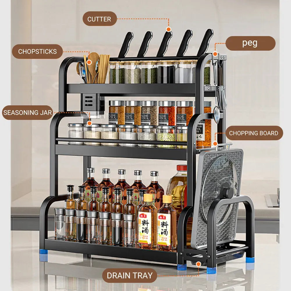 3-Tier Black Stainless Steel Kitchen Spice Rack Organiser with Adjustable Storage