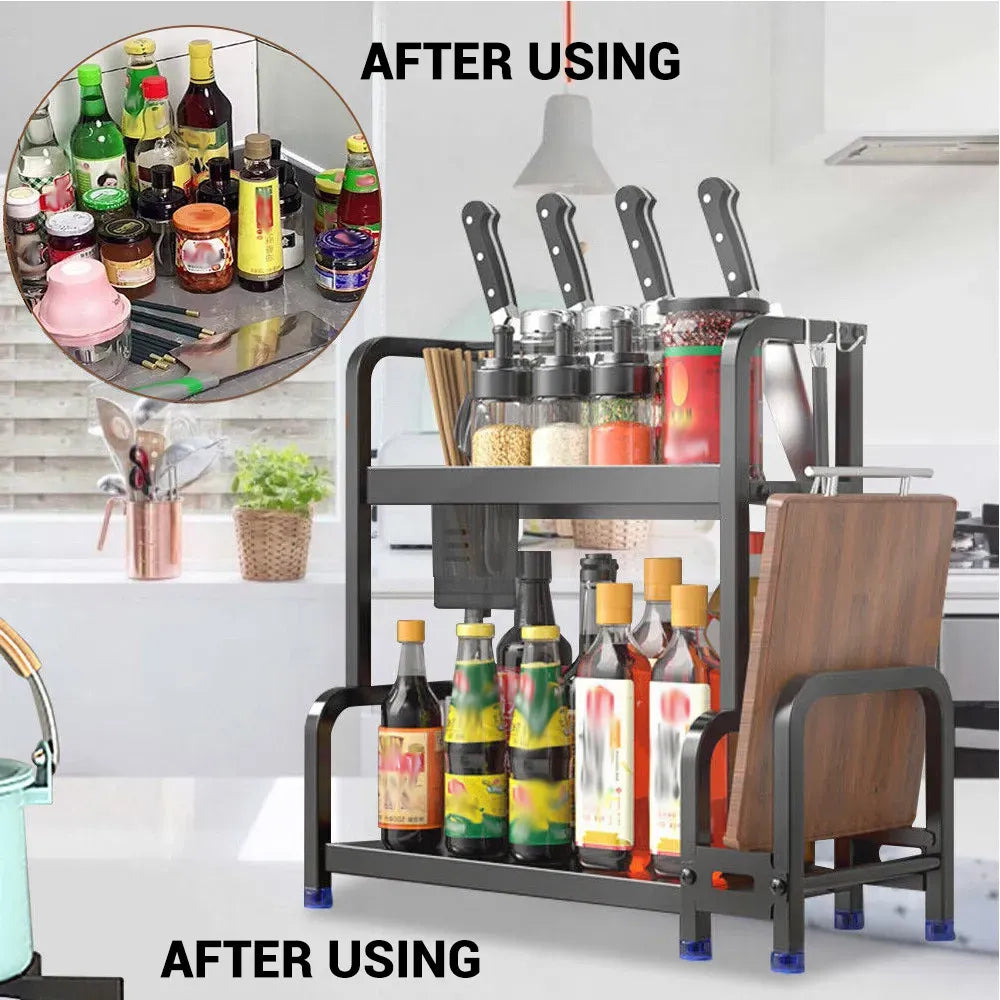 3-Tier Black Stainless Steel Kitchen Spice Rack Organiser with Adjustable Storage