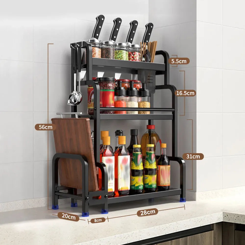 3-Tier Black Stainless Steel Kitchen Spice Rack Organiser with Adjustable Storage
