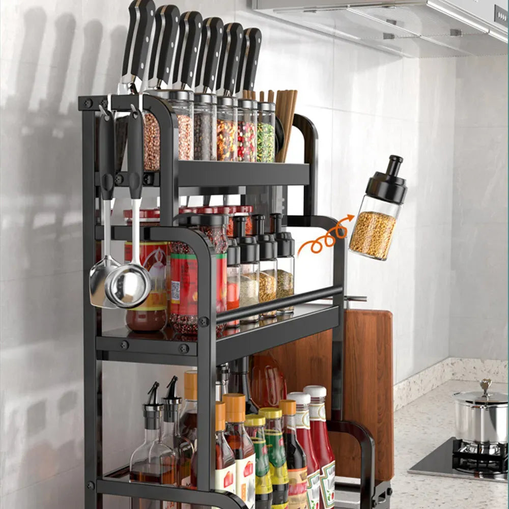 3-Tier Black Stainless Steel Kitchen Spice Rack Organiser with Adjustable Storage