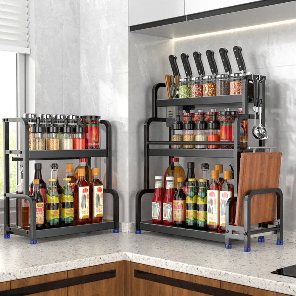 3-Tier Black Stainless Steel Kitchen Spice Rack Organiser with Adjustable Storage
