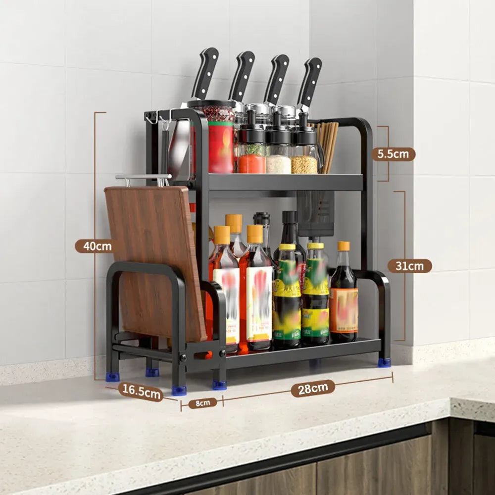 3-Tier Black Stainless Steel Kitchen Spice Rack Organiser with Adjustable Storage