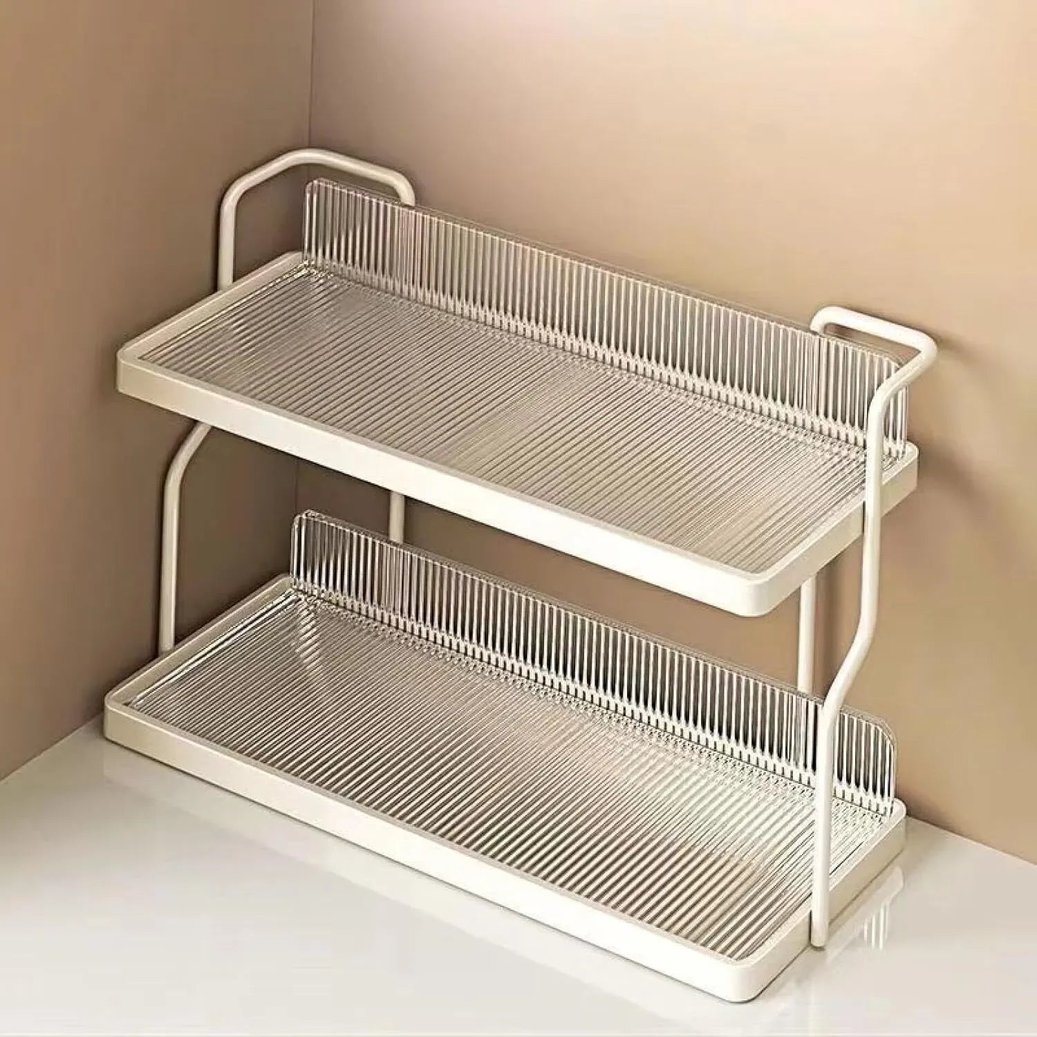Two-Tier Kitchen Storage Rack Organizer in White with Removable Trays, 30.5x12.2x20.3cm