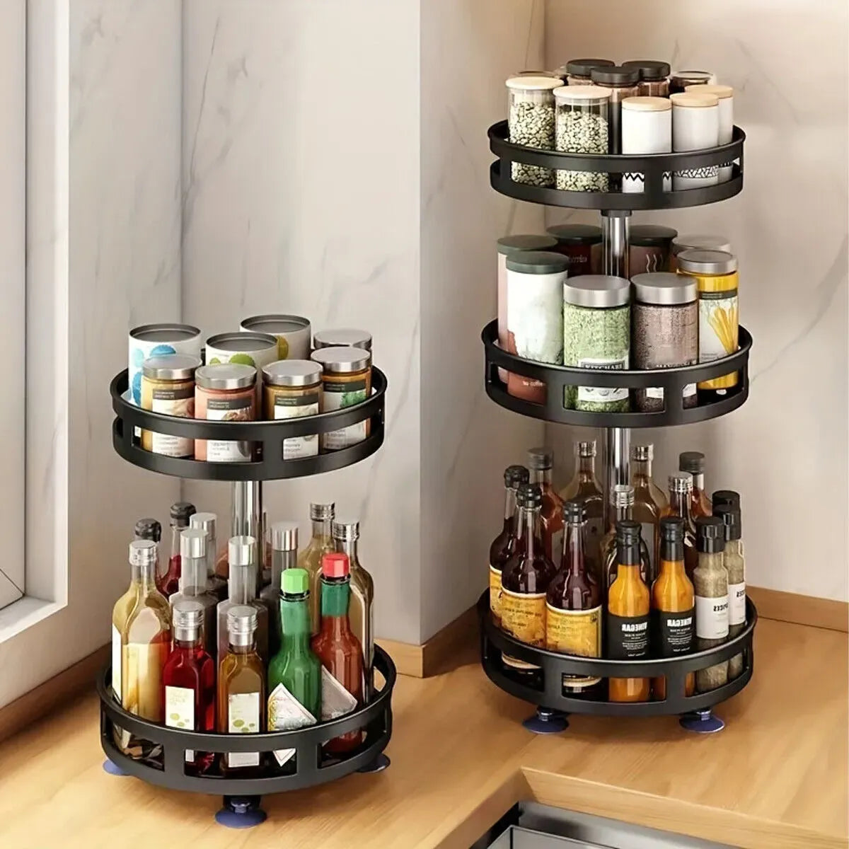 Black Kitchen Rotating Spice Rack - Double Layer Carbon Steel Organizer