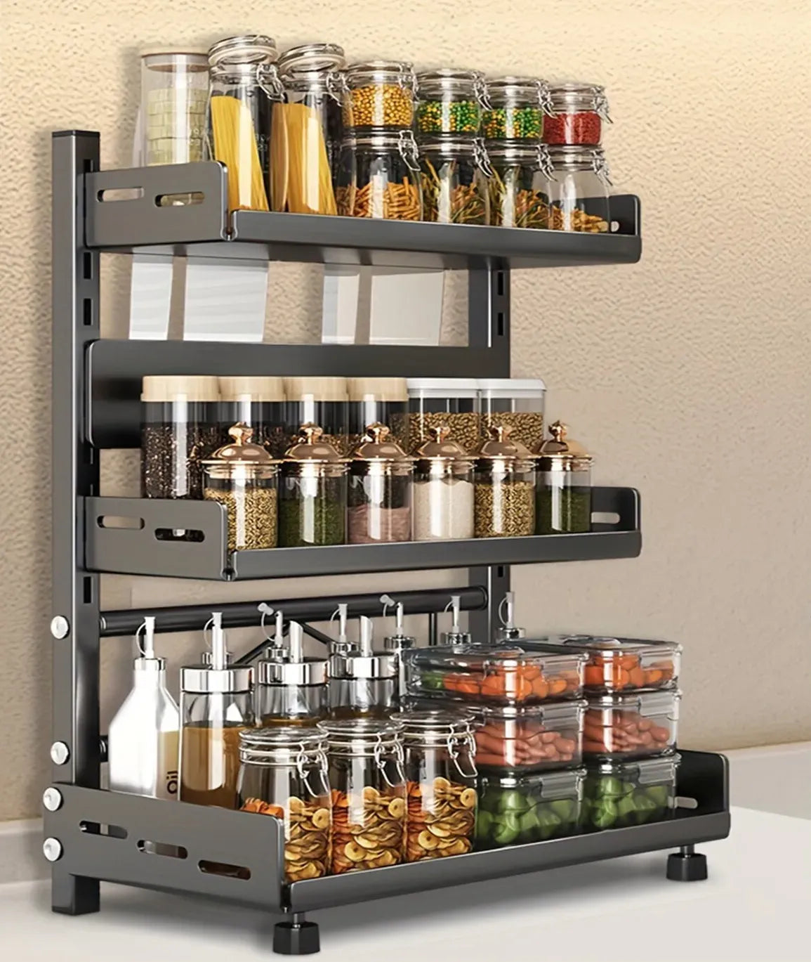 3-Tier Black Stainless Steel Spice Rack Kitchen Condiment Storage Shelf 40x16x54cm