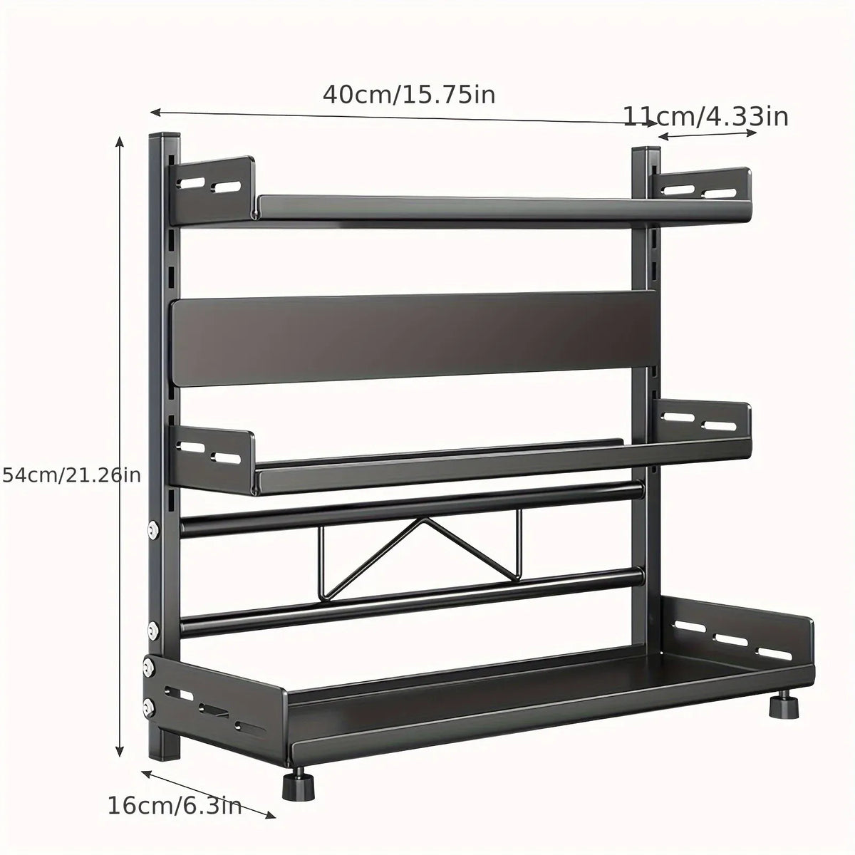 3-Tier Black Stainless Steel Spice Rack Kitchen Condiment Storage Shelf 40x16x54cm