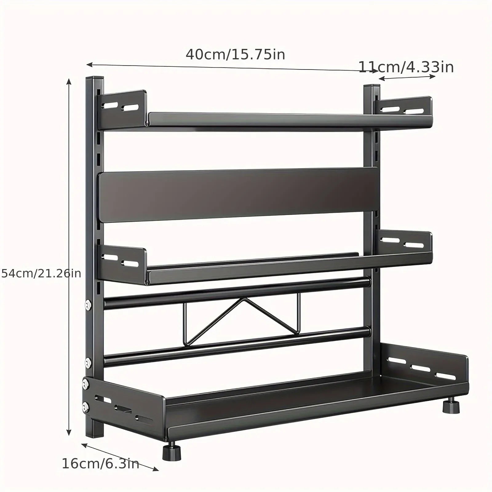 3-Tier Black Stainless Steel Spice Rack Kitchen Condiment Storage Shelf 40x16x54cm