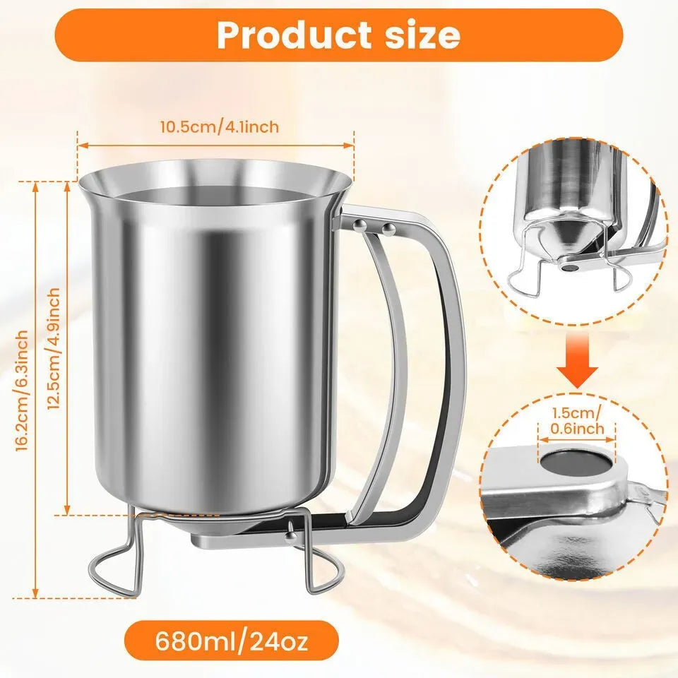 Silver Stainless Steel Pancake Batter Dispenser for Baking Cupcakes, Waffles, and Cakes - 15.5x10cm