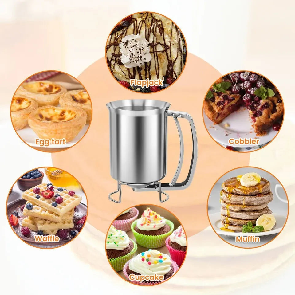 Silver Stainless Steel Pancake Batter Dispenser for Baking Cupcakes, Waffles, and Cakes - 15.5x10cm