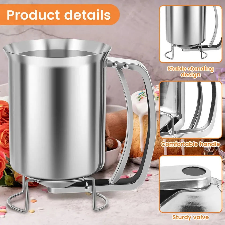 Silver Stainless Steel Pancake Batter Dispenser for Baking Cupcakes, Waffles, and Cakes - 15.5x10cm