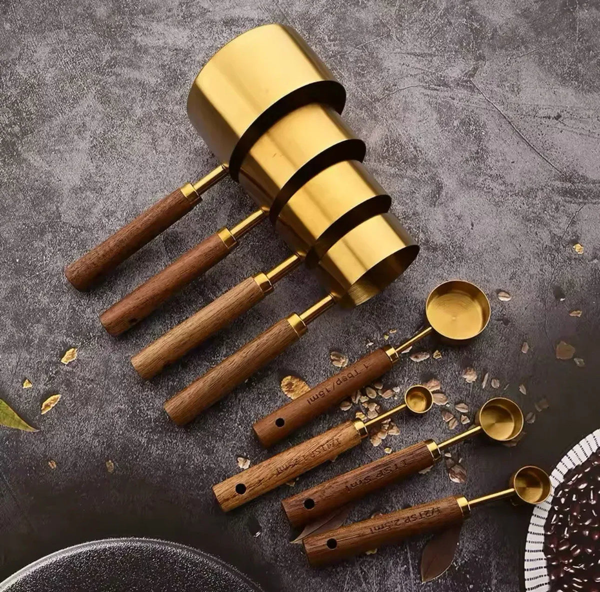 Stainless Steel Measuring Cups and Spoons Set, Cooper Finish, 8-Piece for Baking and Cooking