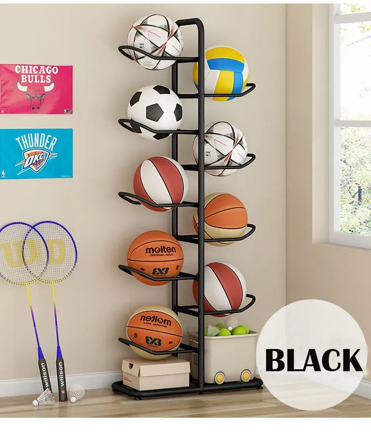 Black Ball Storage Rack for Football, Basketball, Soccer, and Volleyball - 58x23.5x146cm