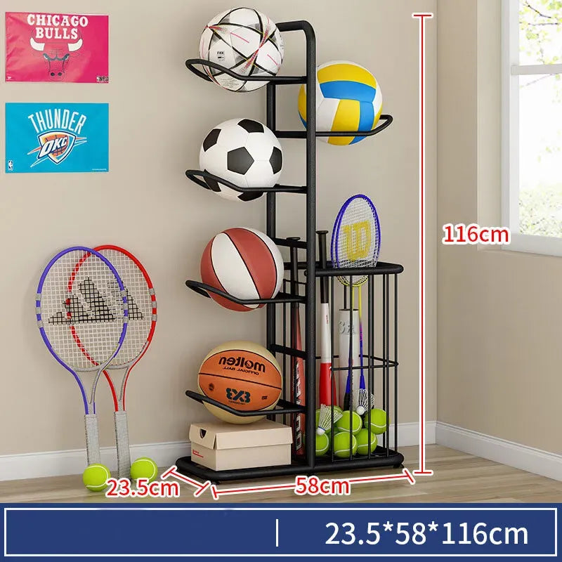 Black Ball Storage Rack for Football, Basketball, Soccer, and Volleyball - 58x23.5x146cm