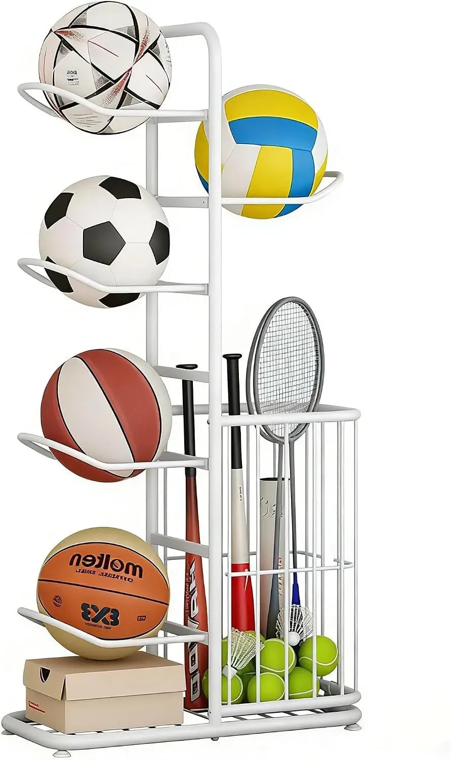 White Ball Storage Rack for Football, Basketball, and Volleyball - 116cm Tall
