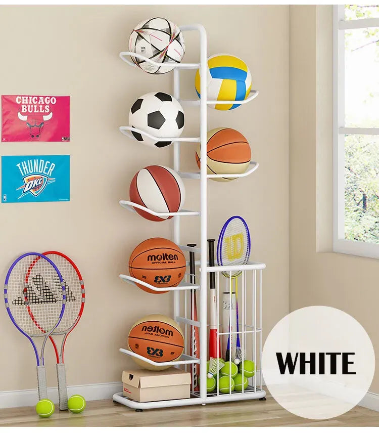 White Ball Storage Rack for Football, Basketball, and Volleyball - 116cm Tall