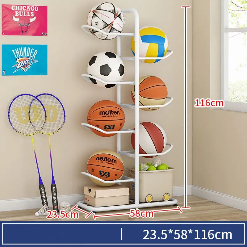 White Ball Storage Rack for Football, Basketball, and Volleyball - 116cm Tall