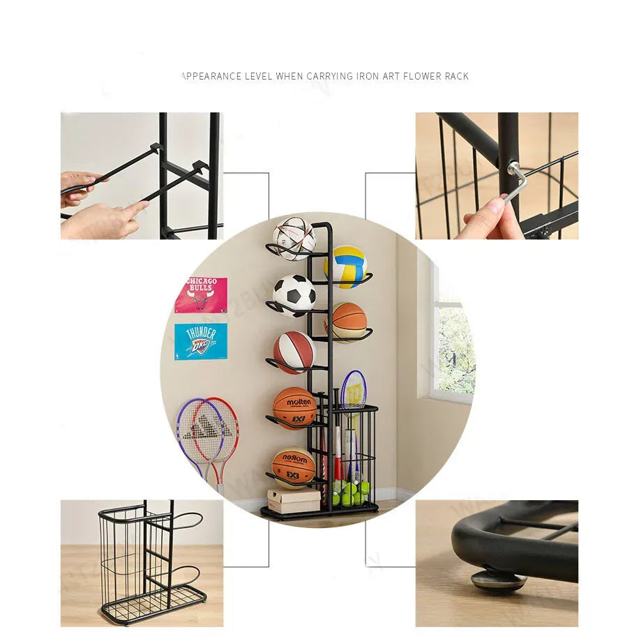 White Ball Storage Rack for Football, Basketball, and Volleyball - 116cm Tall