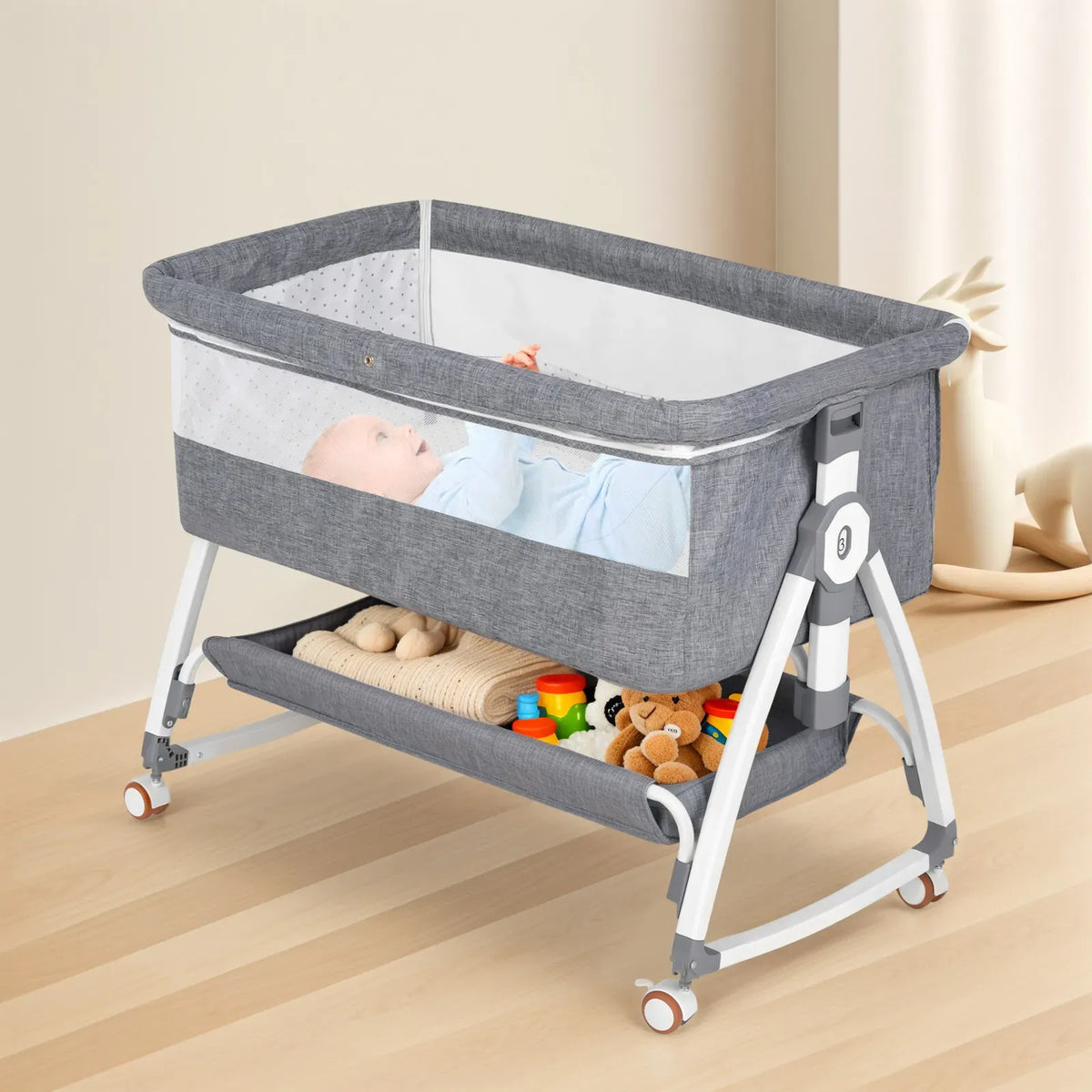 3-in-1 Adjustable Height Baby Bassinet Crib with Mosquito Net and Storage Basket in Grey