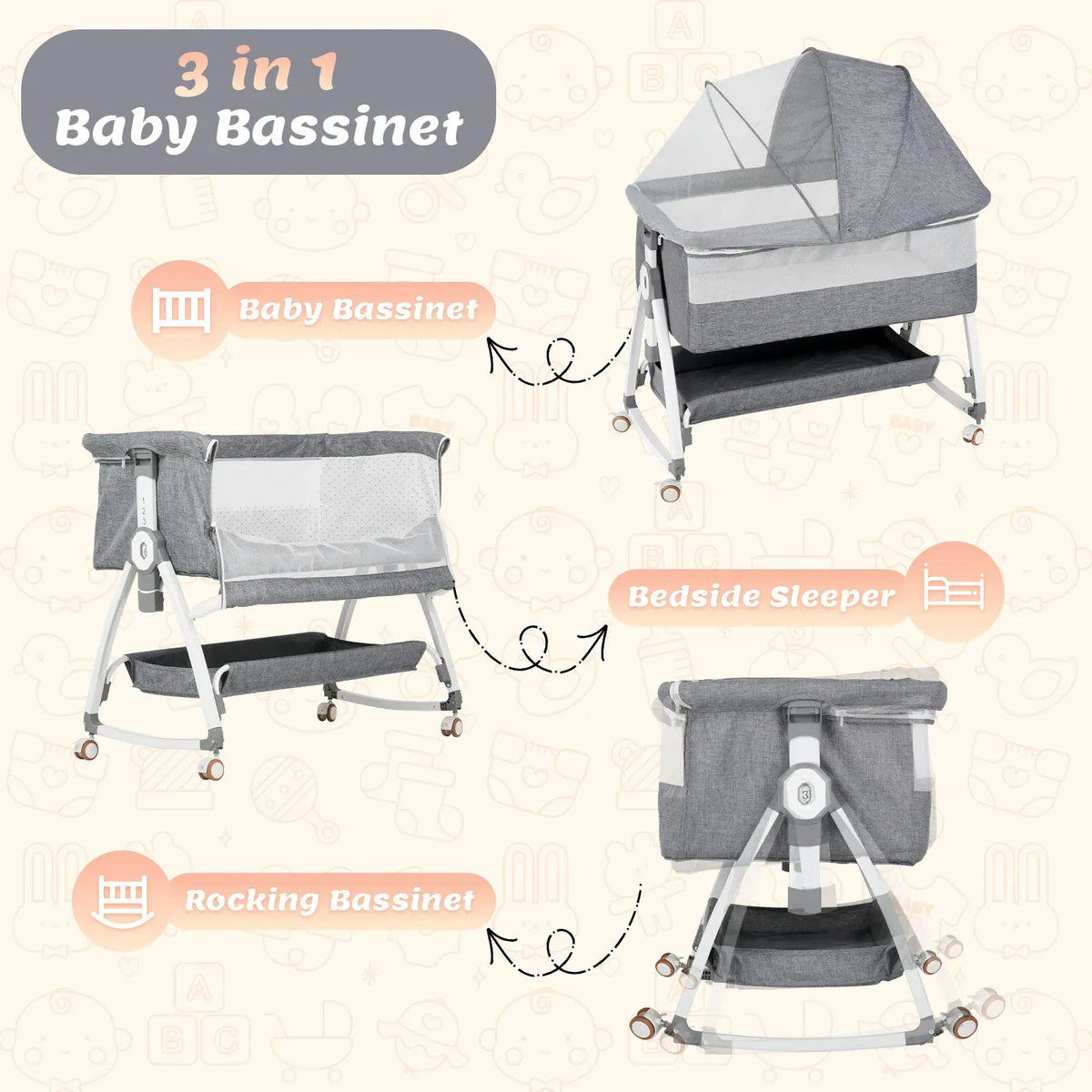 3-in-1 Adjustable Height Baby Bassinet Crib with Mosquito Net and Storage Basket in Grey