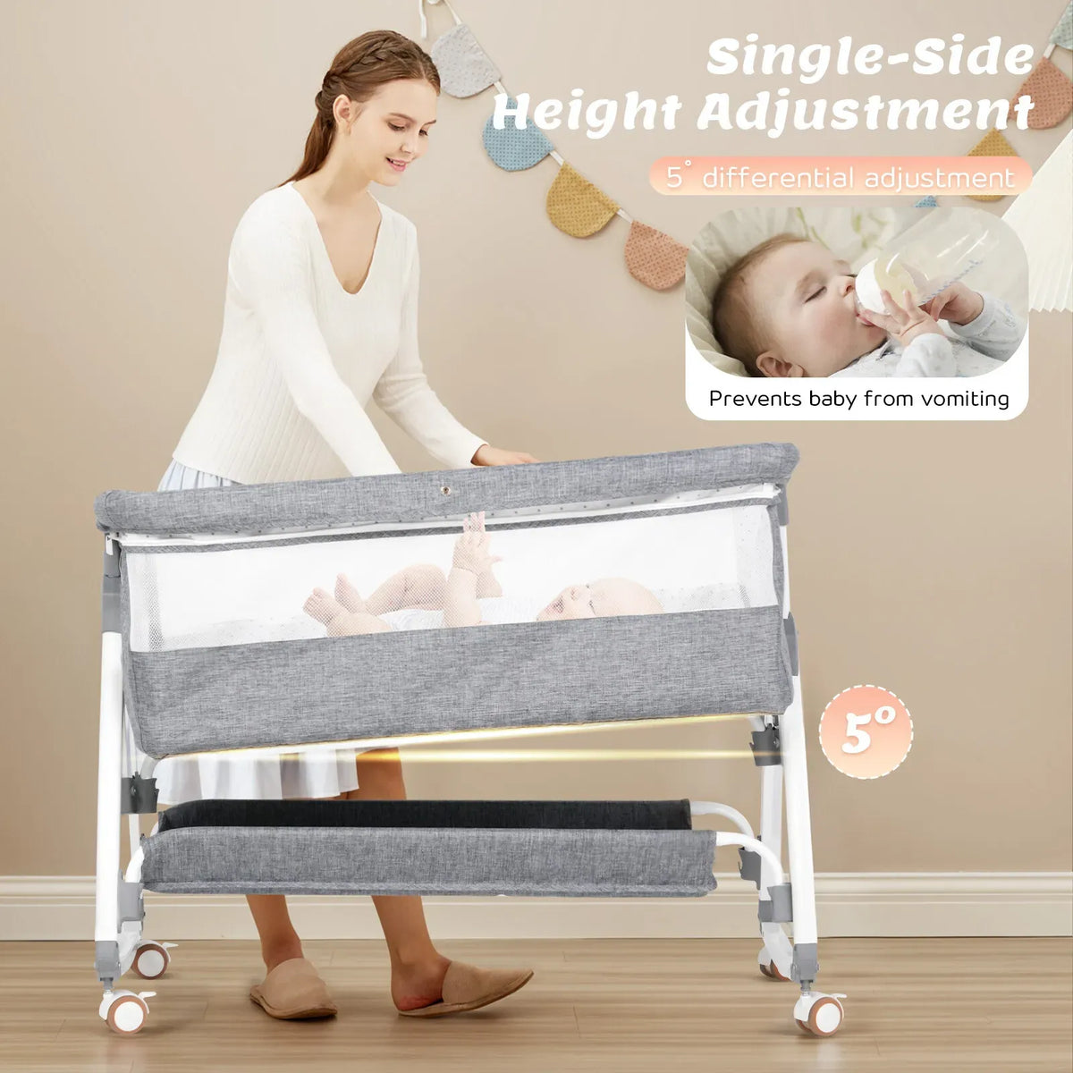 3-in-1 Adjustable Height Baby Bassinet Crib with Mosquito Net and Storage Basket in Grey