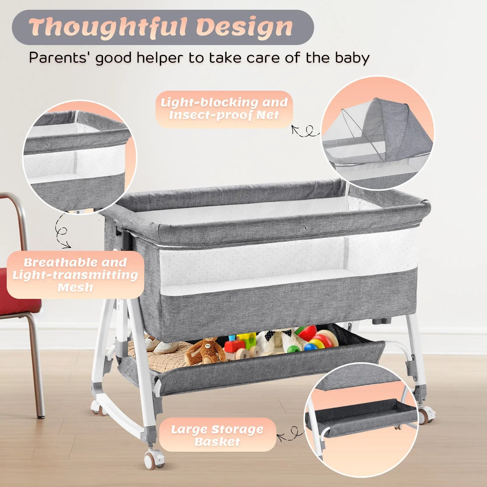 3-in-1 Adjustable Height Baby Bassinet Crib with Mosquito Net and Storage Basket in Grey