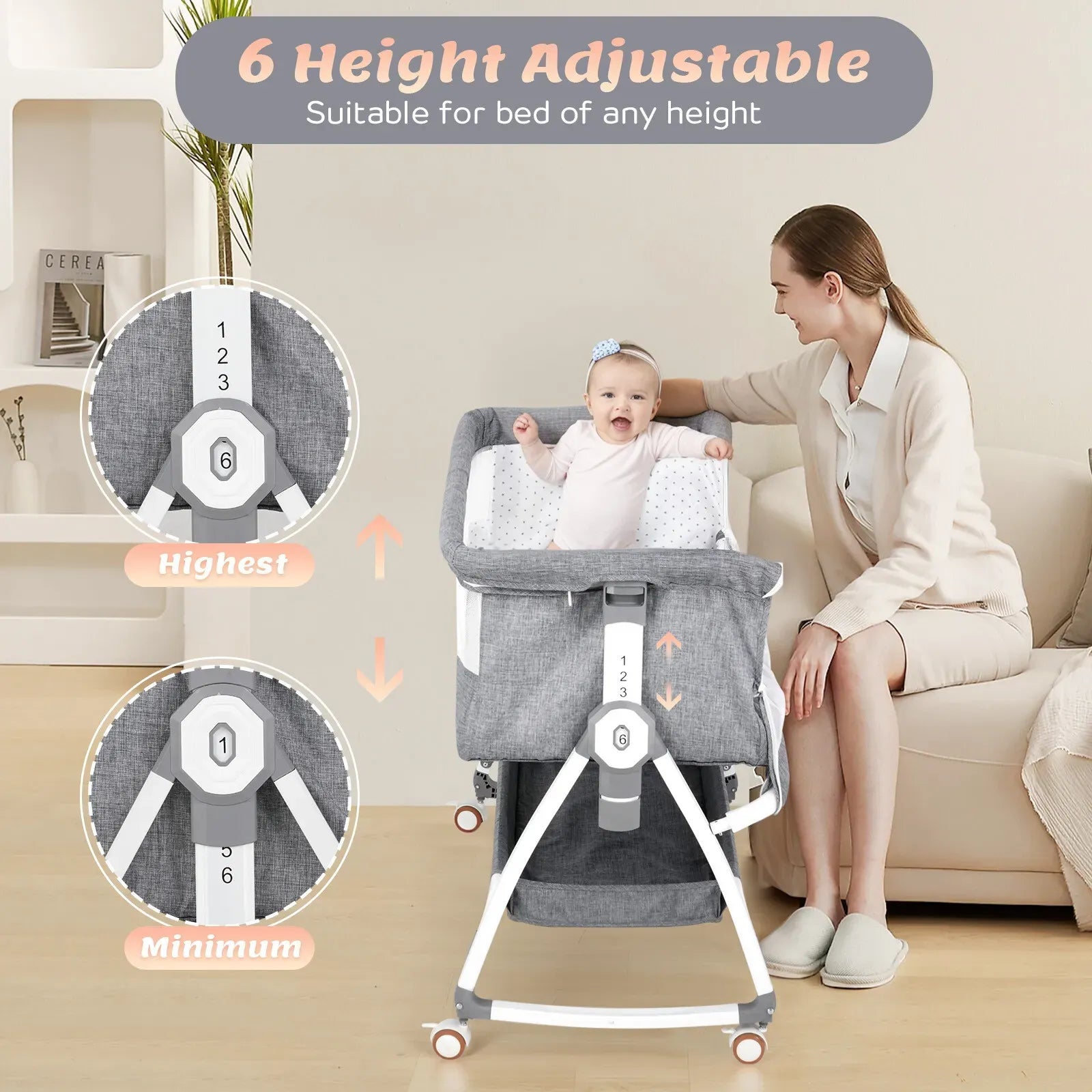 3-in-1 Adjustable Height Baby Bassinet Crib with Mosquito Net and Storage Basket in Grey
