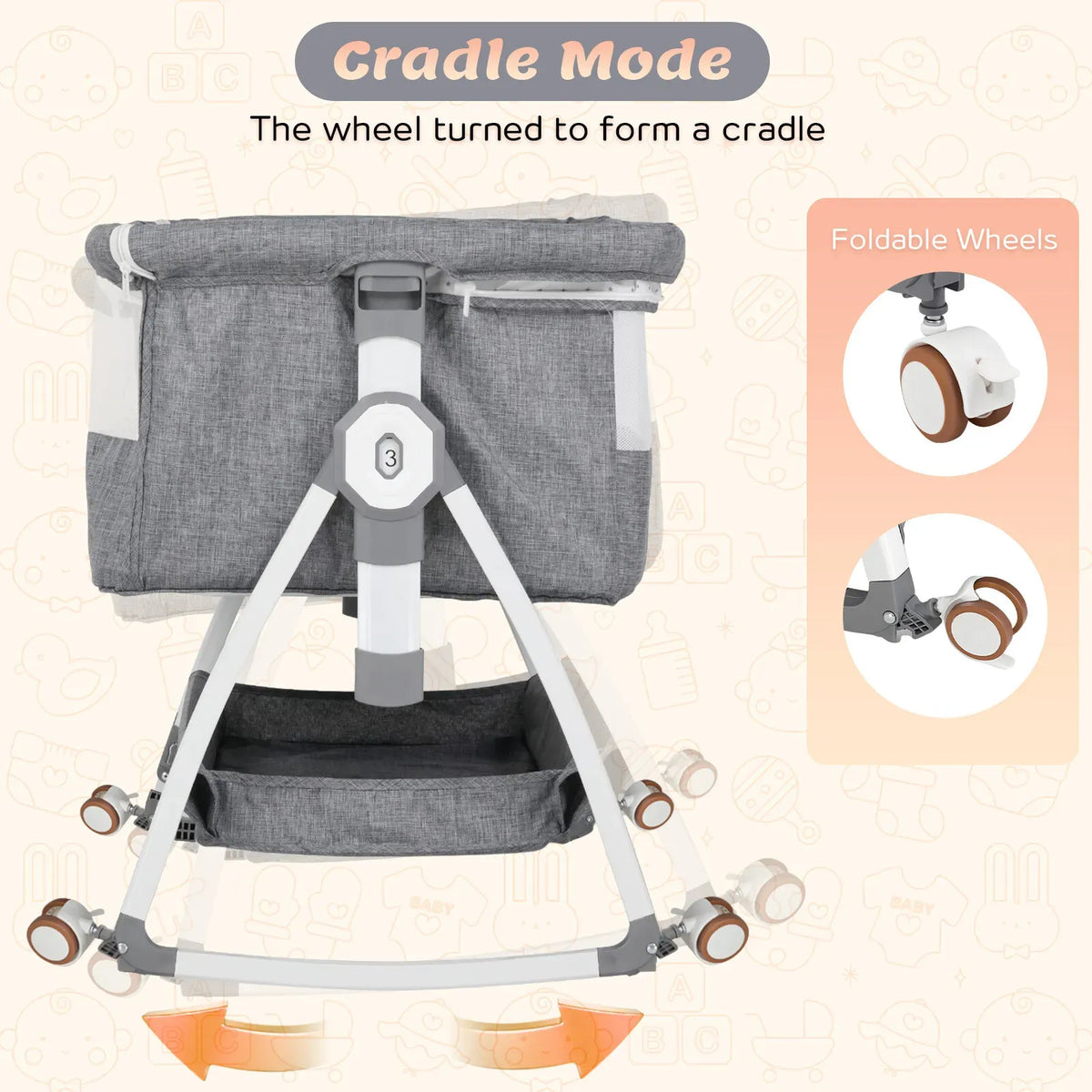 3-in-1 Adjustable Height Baby Bassinet Crib with Mosquito Net and Storage Basket in Grey