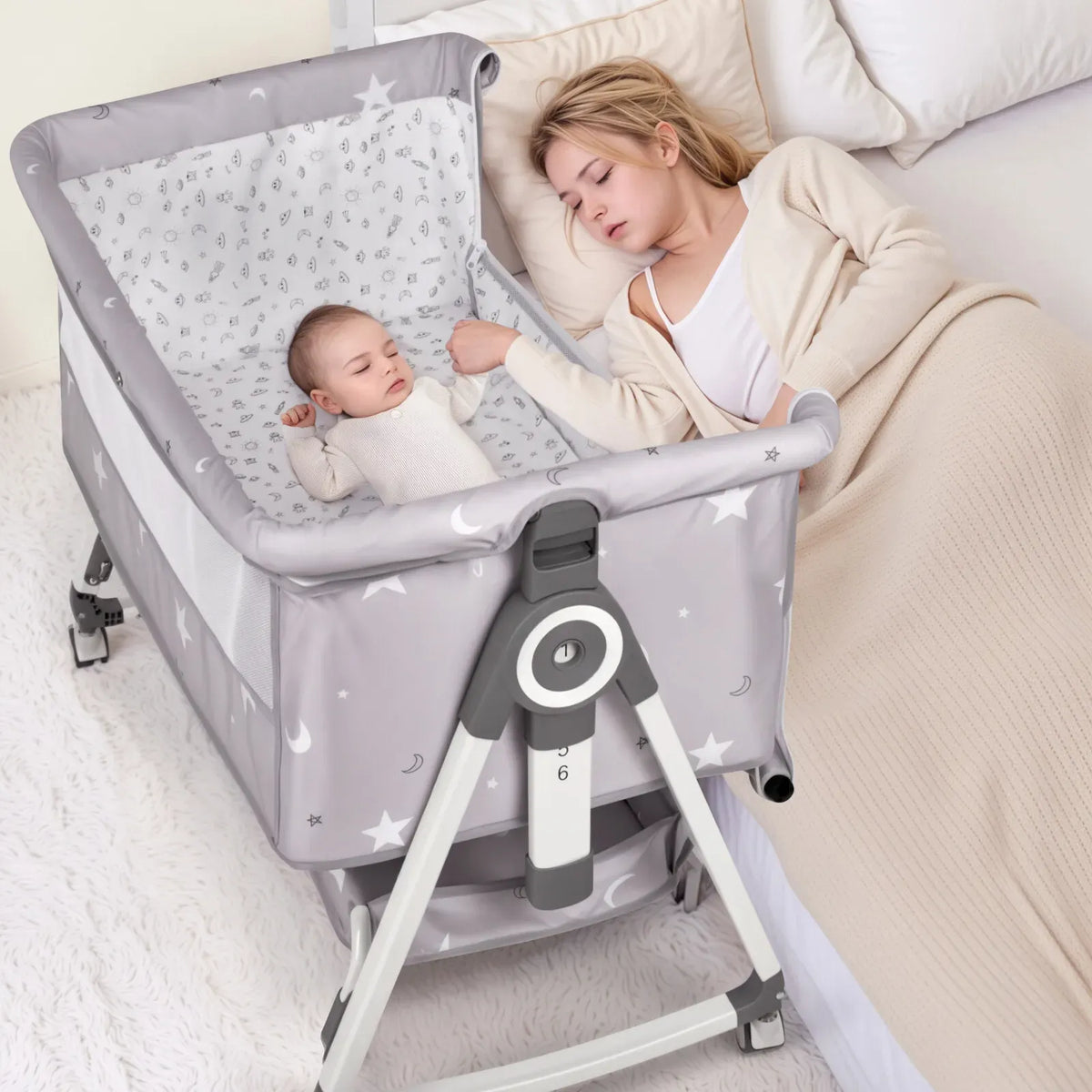 3-in-1 Grey Baby Bassinet Bedside Crib with Adjustable Height, Mosquito Net &amp; Storage Basket