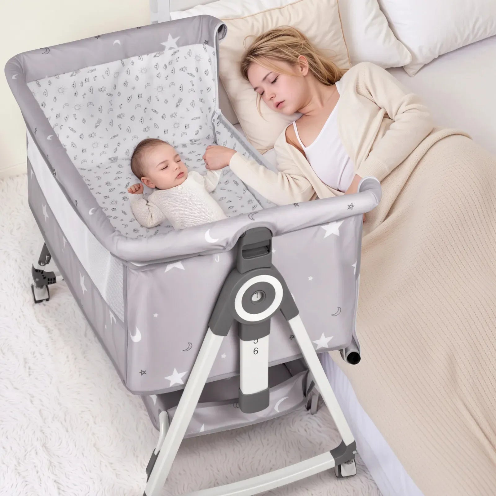 3-in-1 Grey Baby Bassinet Bedside Crib with Adjustable Height, Mosquito Net & Storage Basket