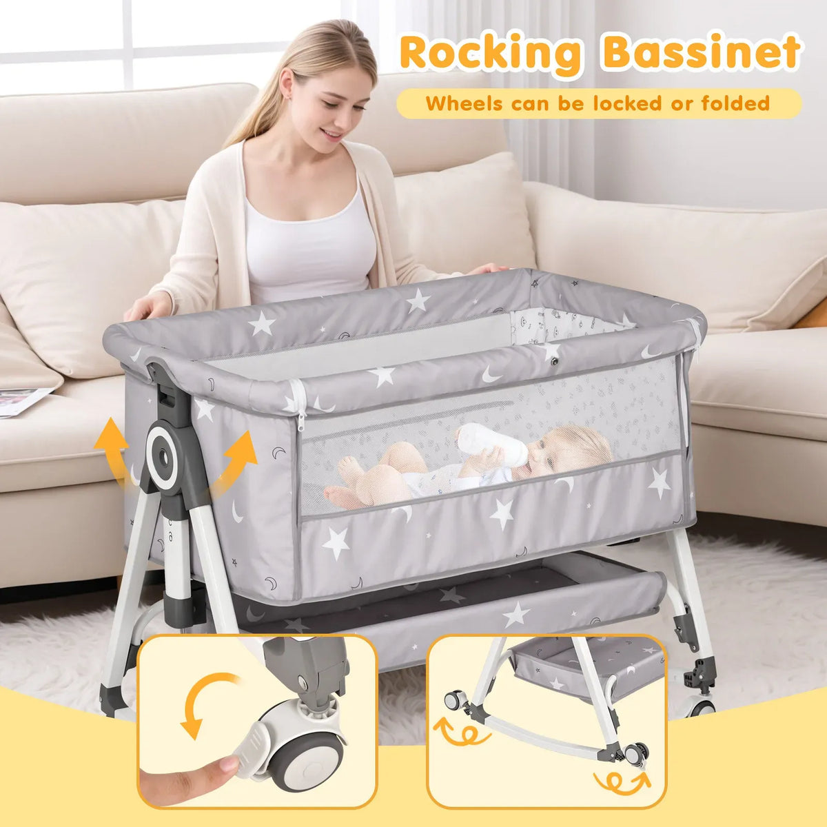 3-in-1 Grey Baby Bassinet Bedside Crib with Adjustable Height, Mosquito Net & Storage Basket