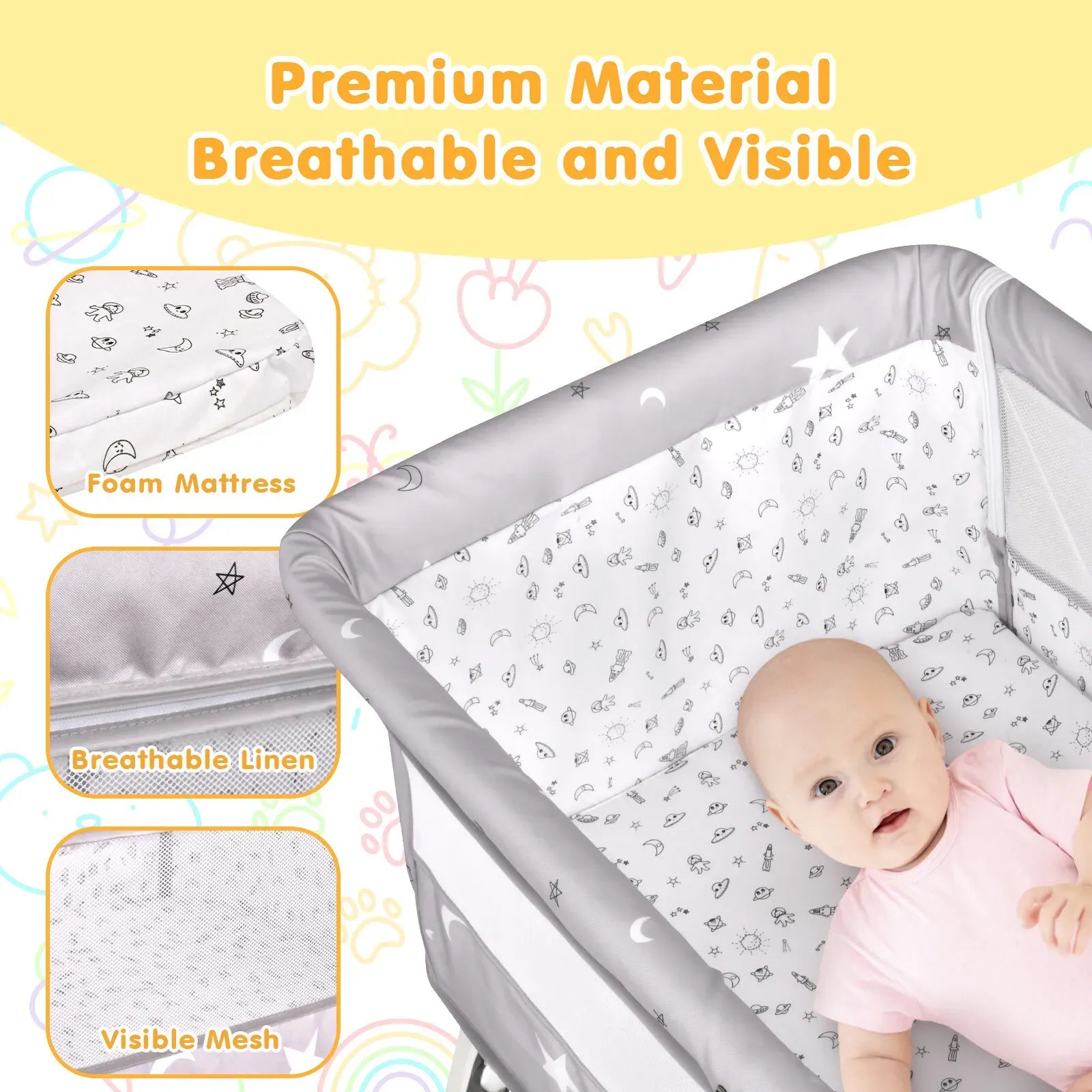 3-in-1 Grey Baby Bassinet Bedside Crib with Adjustable Height, Mosquito Net & Storage Basket