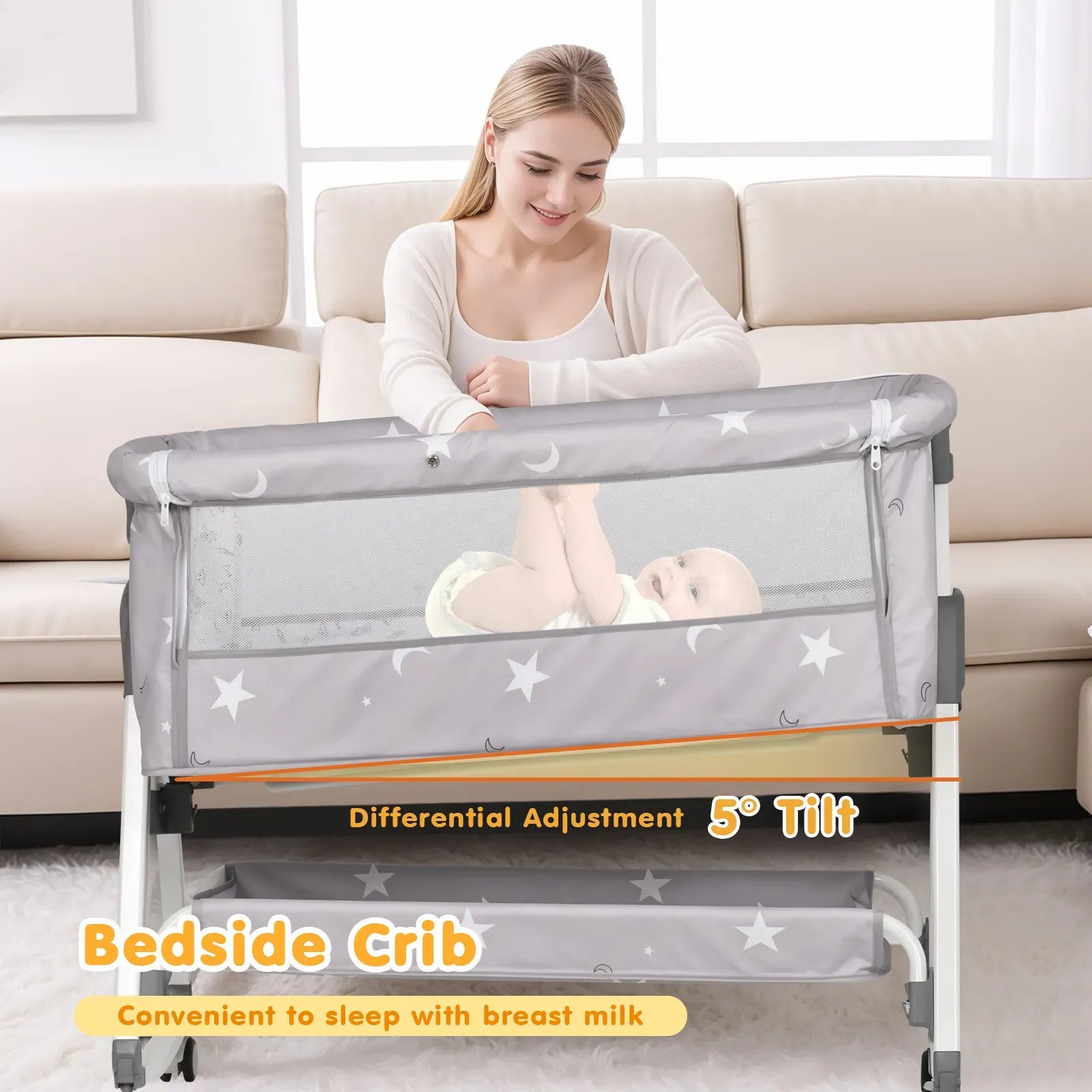 3-in-1 Grey Baby Bassinet Bedside Crib with Adjustable Height, Mosquito Net & Storage Basket
