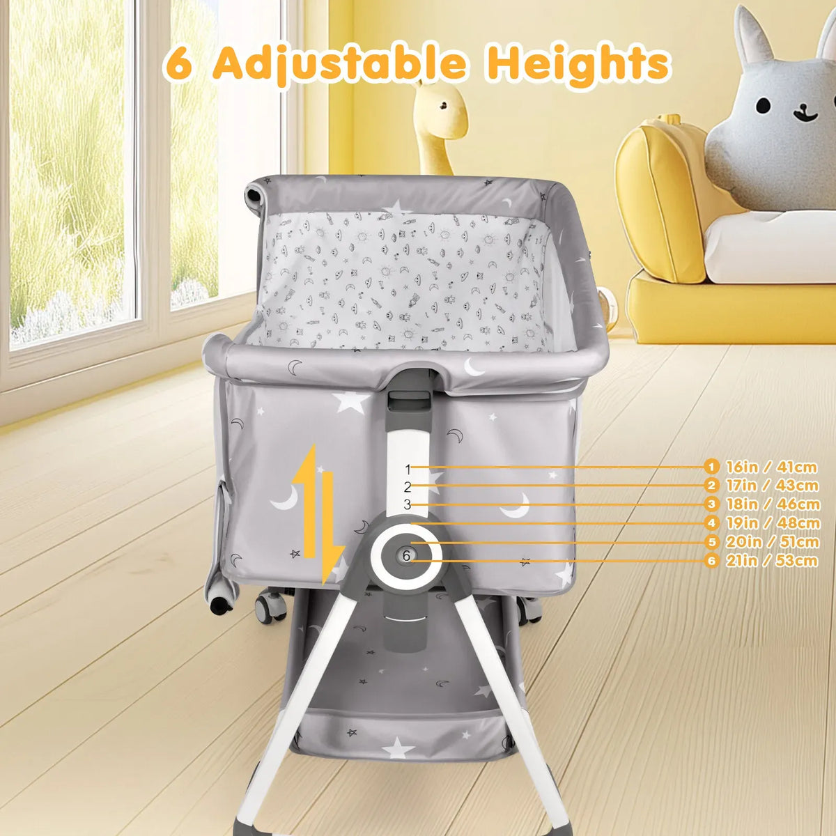 3-in-1 Grey Baby Bassinet Bedside Crib with Adjustable Height, Mosquito Net & Storage Basket